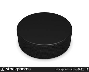 Black rubber hockey puck with copy space, close-up on a white background, 3D illustration.