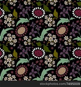 Black seamless pattern with a set of stylized floral elements.