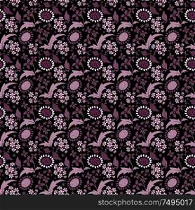 Black seamless pattern with a set of stylized floral elements.