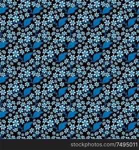 Black seamless pattern with many small blue flowers