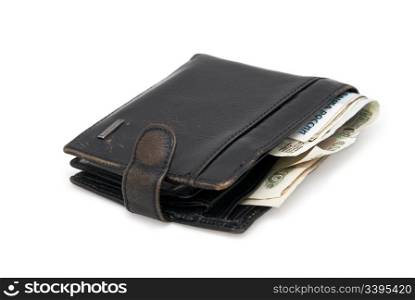 black shabby wallet with some 100 dollar bills sticking out of it isolated on white background