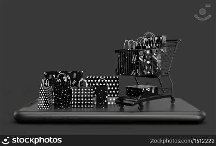 Black Shopping 3D Rendering. Business Concept Marketing and Digital online marketing with shopping bags, shopping cart and smartphone on background. Blank copy space for text or design