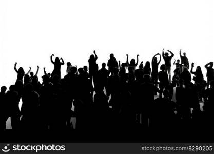 Black silhouette of a huge crowd of cheering people isolated on a white background created with generative AI technology