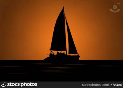 black silhouette of a sailboat in the sea against an orange light. Silhouette of a sailboat against an orange light
