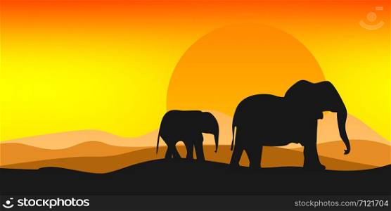 Black silhouette of elephant with bright sun, 3D rendering