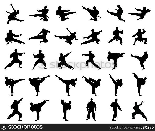 Black silhouettes of karate fighting on a white background