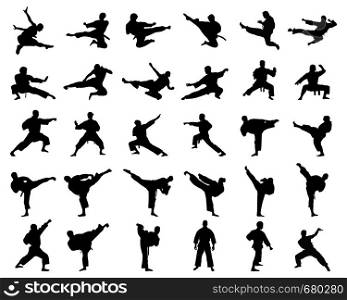Black silhouettes of karate fighting on a white background