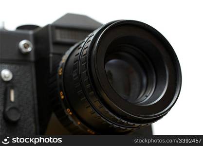black slr camera with lens close-up isolated on white