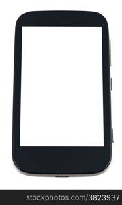 black smart phone with cut out screen isolated on white background