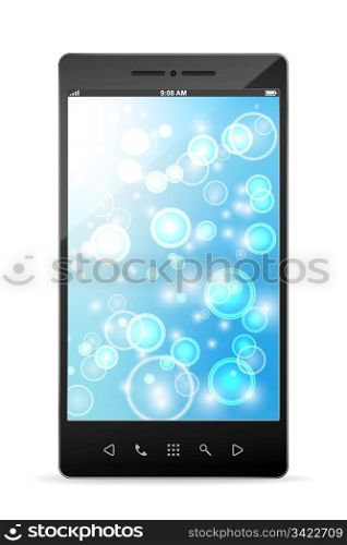 Black smartphone isolated on white background. EPS10. Used transparency of bokeh on screen and opacity mask of the device