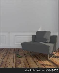 Black sofa and pillow on a background of a white wall. 3D rendering