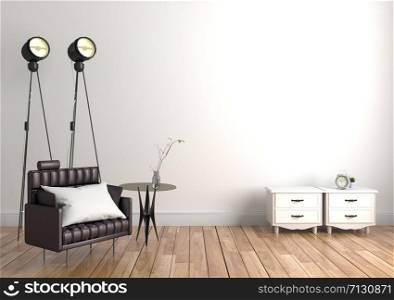 Black sofa and table glass - empty room interior in minimalist style. 3D rendering