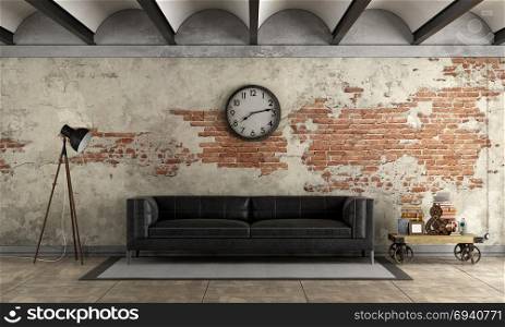 Black sofa in a grunge room. Black sofa in a grunge room with old brick wall - 3d rendering