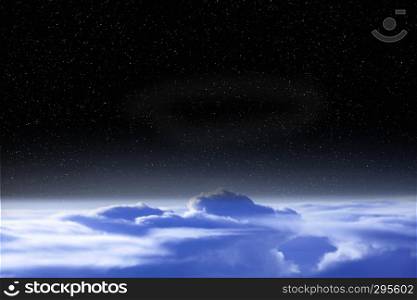 Black space above clouds of Earth. Cosmic landscape. Beautiful space landscape with open cosmos and clouds. Earth atmosphere view from above. Black space above clouds of Earth. Cosmic landscape
