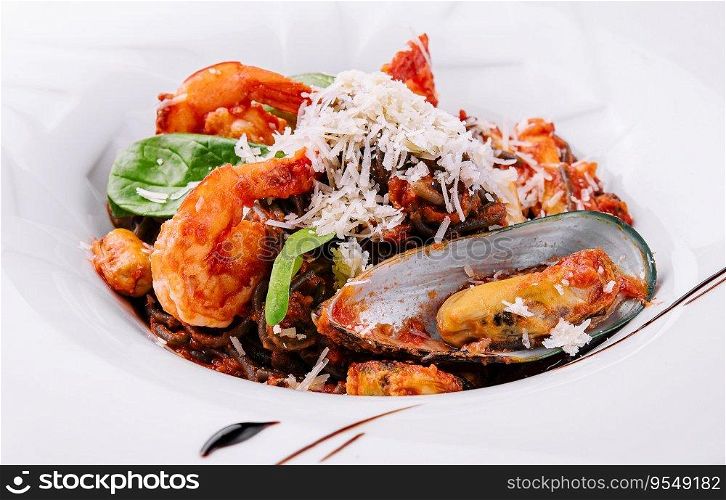 black spaghetti with seafood on white plate