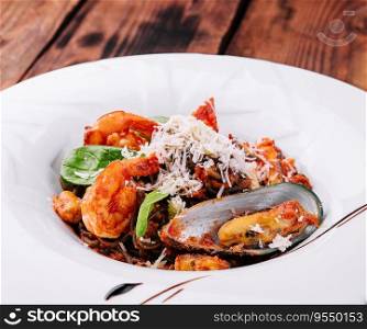 black spaghetti with seafood on white plate