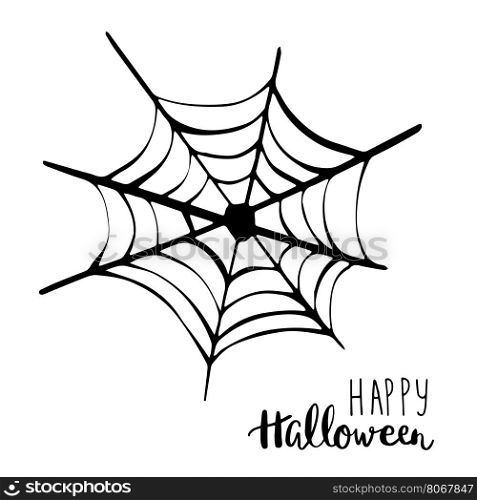 Black spider net icon. Happy Halloween text. Holiday vector background.. Black spider net icon. Happy Halloween text. Holiday vector background