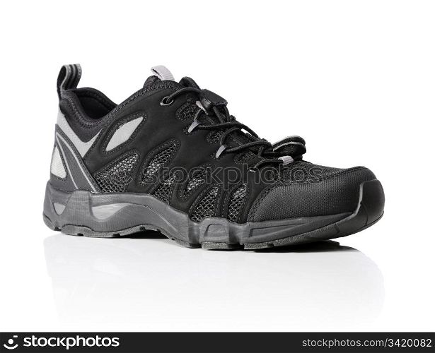 Black sports shoe designed for walking.