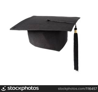 Black square graduate hat (academic hat) with a tassel isolated on white background