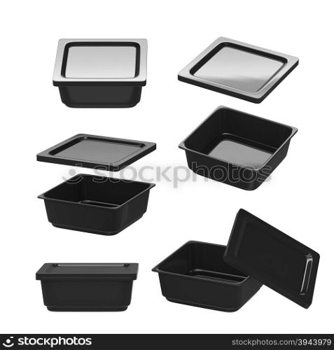Black square plastic container for food production like fresh food, convenience food or frozen food. Template for your design or artwork, clipping path included&#xA;
