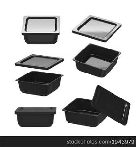 Black square plastic container for food production like fresh food, convenience food or frozen food. Template for your design or artwork, clipping path included&#xA;