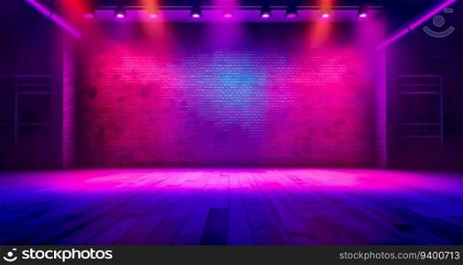Black Stage Background with Blue Lights on Red Brick in Light Purple and Light Pink Colors. Generative ai. High quality illustration. Black Stage Background with Blue Lights on Red Brick in Light Purple and Light Pink Colors. Generative ai