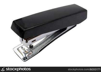 Black stapler stationary on white background