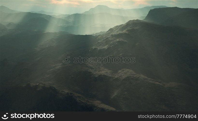 Black stone field in dense fog in highlands
