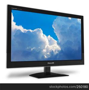 Black stylish glossy widescreen TFT display with blue sky and clouds isolated on white background