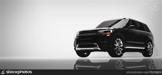 Black SUV car on white background. Brandless vehicle, modern automobile design. 3D illustration.. Black SUV car on white background.