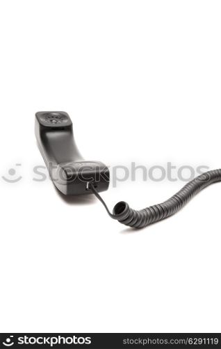 Black telephone receiver with cable isolated on white background