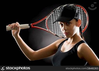 Black tennis- portrait of female player with racket