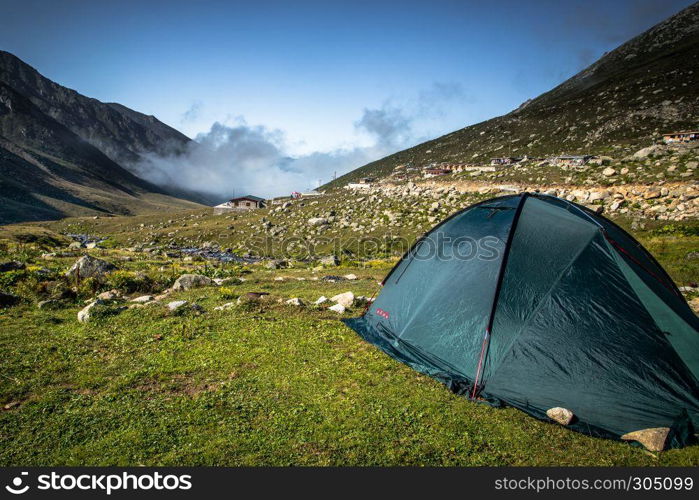 Black tent on the top of the Kackar Mountains.A popular place for hiking and camping every season in Rize,Turkey. Black tent on the top of the Kackar Mountains in Rize,Turkey