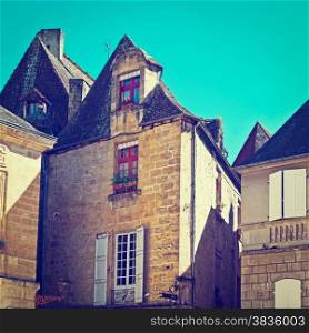 Black Tiles on the Peaked Roofs of the Houses in French City of Sarlat, Instagram Effect
