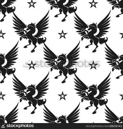 Black unicorn and stars seamless pattern. Seamless pattern with black unicorn and stars on white background. Vector illustration