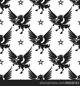 Black unicorn and stars seamless pattern. Seamless pattern with black unicorn and stars on white background. Vector illustration