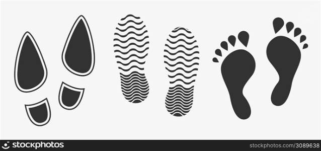 Black unique human footprints isolated on white. Vector illustration . Black unique human footprints isolated on white. Vector