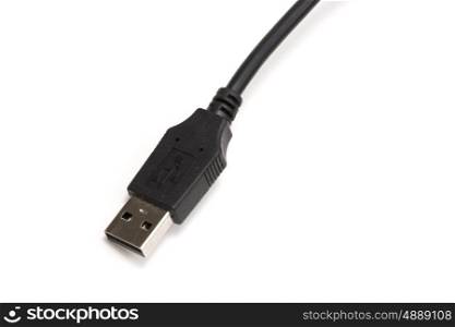 Black USB cable on white background