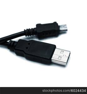 Black USB cables isolated on white background closeup