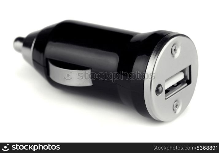 Black USB electronics device car charger isolated on white
