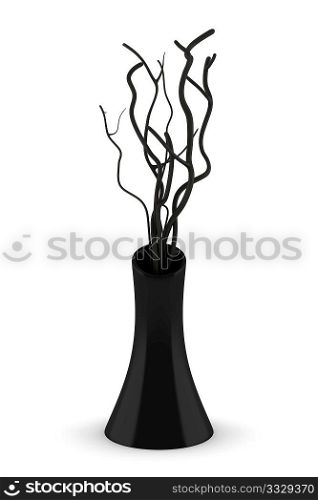 black vase with dry wood isolated on white
