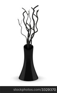 black vase with dry wood isolated on white