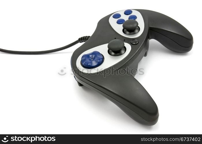 black video game controller on white background