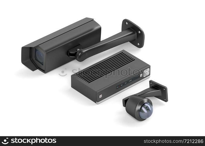 Black video surveillance cameras and digital video recorder on white background