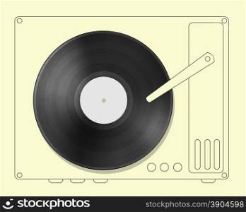 Black vinyl record disc with hand drawn gramophone and empty label on yellow background. Black vinyl record disc with hand drawn player