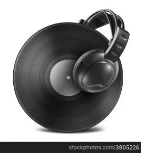 Black vinyl record disc with headphones isolated on white