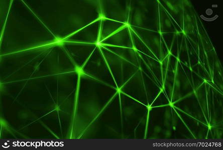 Black virtual abstract Blockchain technology network background with lights lines and grids . Abstract technology network mesh and destroy sphere cyber geometry orb and polygonal lines and dots.. Blockchain network - Abstract connected dots on bright black background. Internet connection, abstract sense of science and technology graphic design. Green is the color of the market growth.