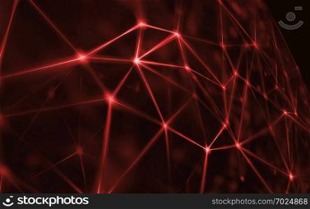 Black virtual abstract Blockchain technology network background with lights lines and grids . Abstract technology network mesh and destroy sphere cyber geometry orb and polygonal lines and dots.. Blockchain network - Abstract connected dots on bright black background. Internet connection, abstract sense of science and technology graphic design. Red - the color of the fall of the market.