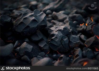 Black volcanic stones and lava close-up. Abstract background. Black volcanic stones and lava close-up. Abstract background. Generative AI