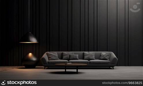 Black wall and black furniture in front of light fixture.